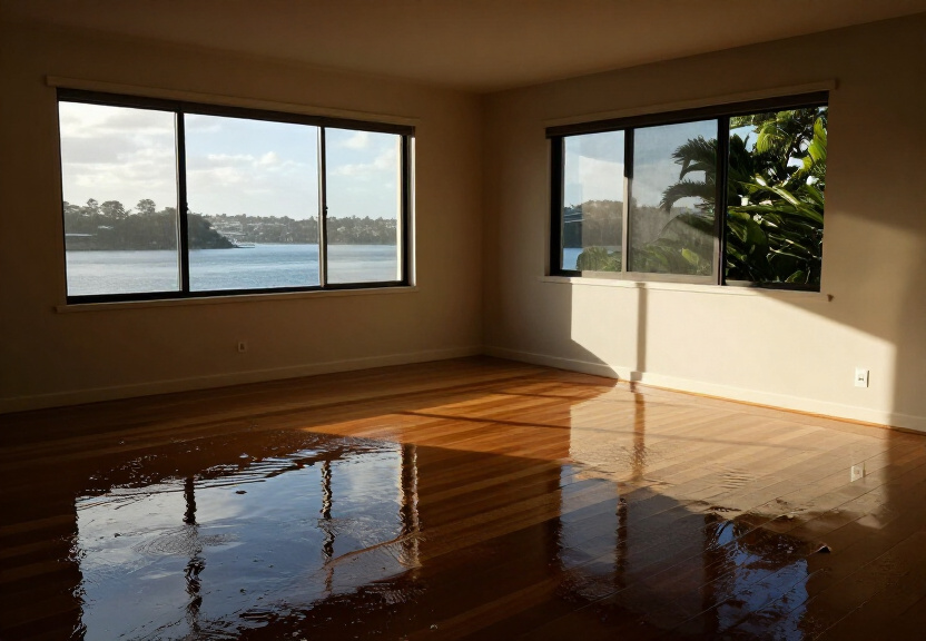 Flooded living room in Willoughby with water damage to carpet and walls